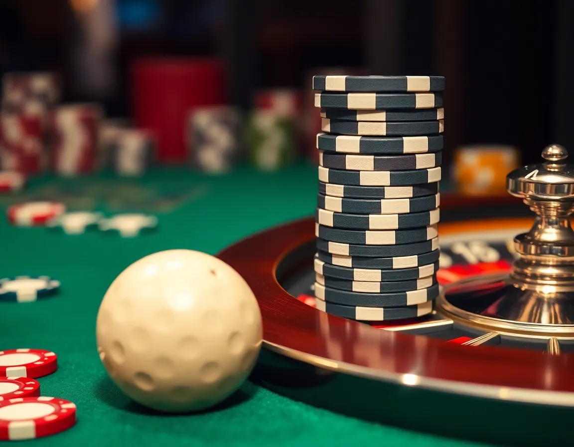 Cinematic close-up of heavy matte ceramic casino poker chips stacked beside polished ivory roulette ball on emerald felt table