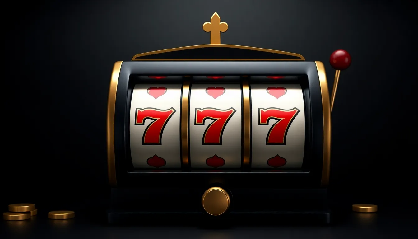 Classic three-reel slot machine rendered in brass and matte black luxury materials with ruby 7s