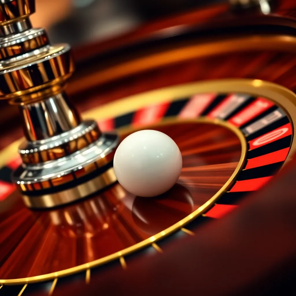 Close-up of polished mahogany and brass single zero roulette wheel with ball spinning in slow motion