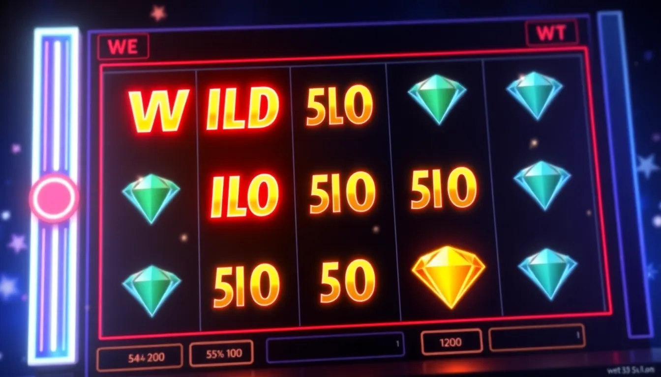 Digital slot machine paytable with glowing neon wild multipliers and diamond jackpot symbols