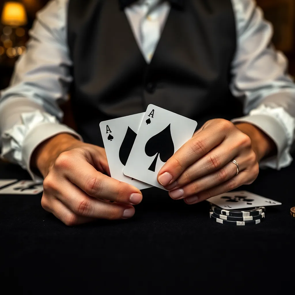 Macro view of professional dealer dealing two black face cards onto dark velvet blackjack table