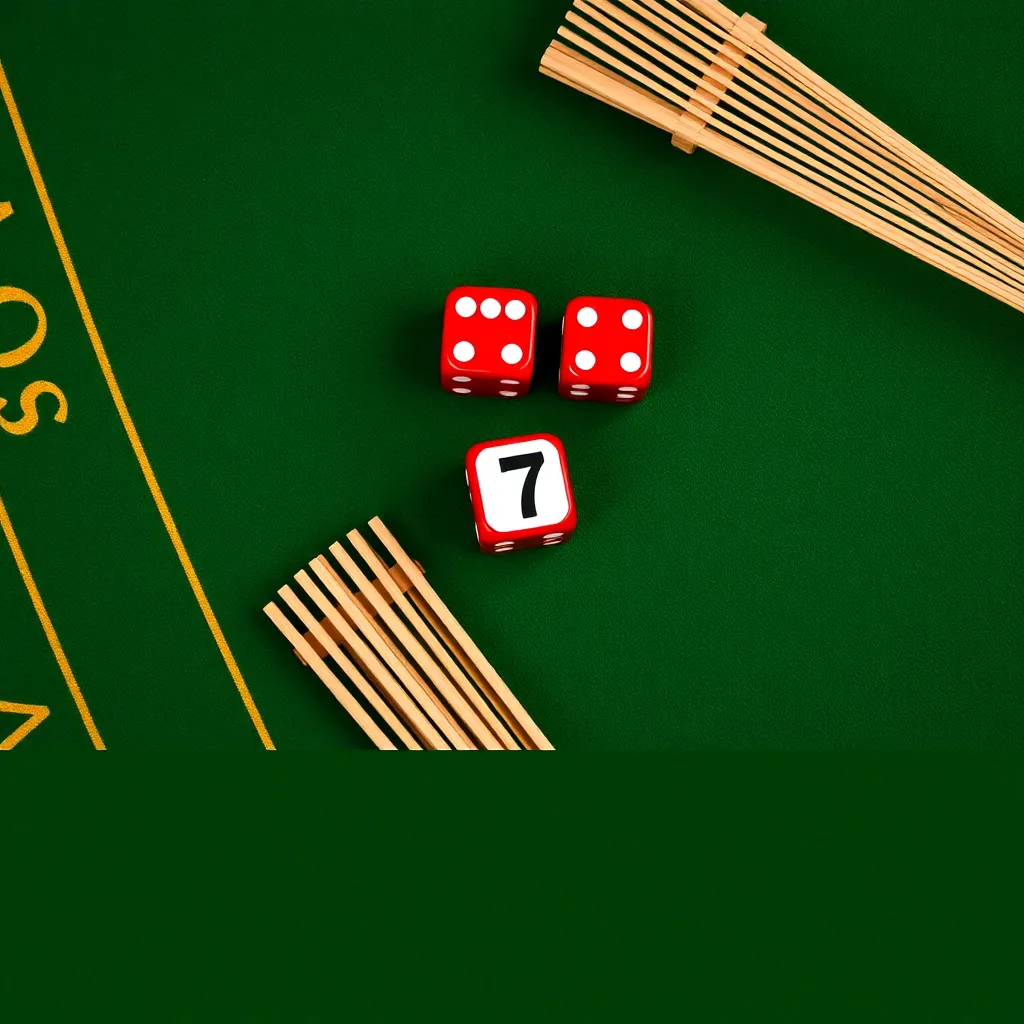 Overhead view of luxury green felt craps table with red dice showing winning seven roll and wooden rake