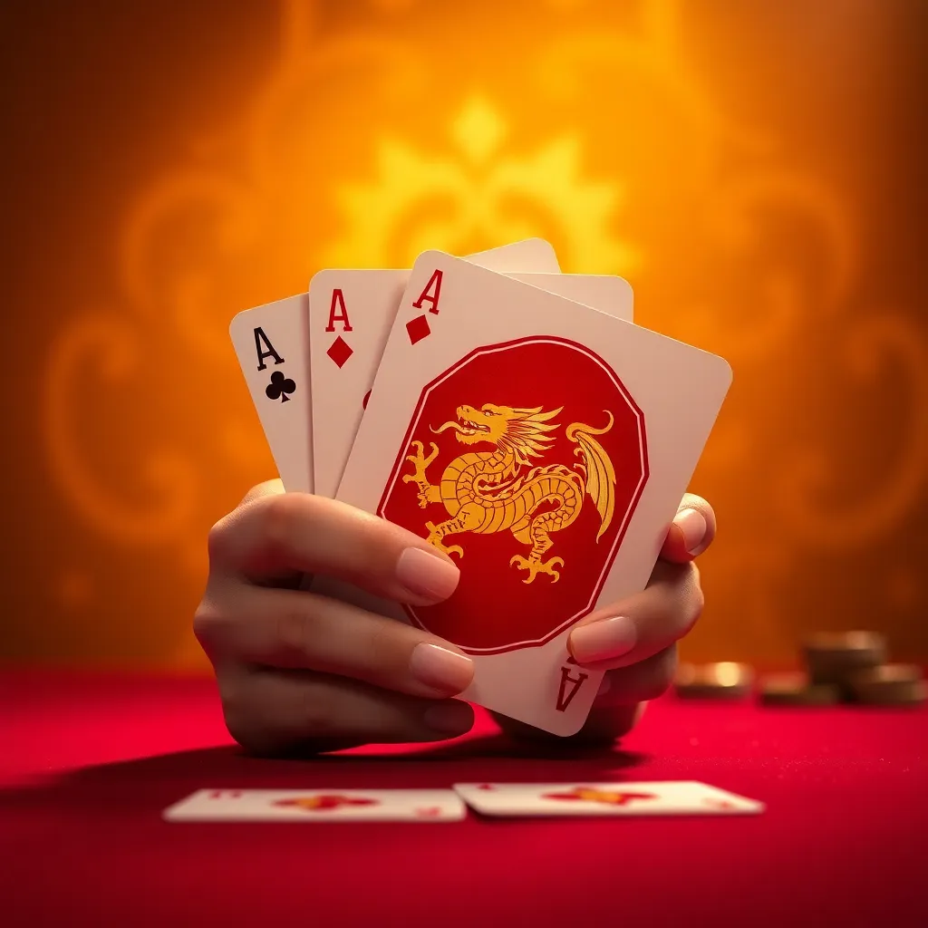 Squeeze baccarat card reveal technique under warm studio lighting with luxury gold dragon insignia
